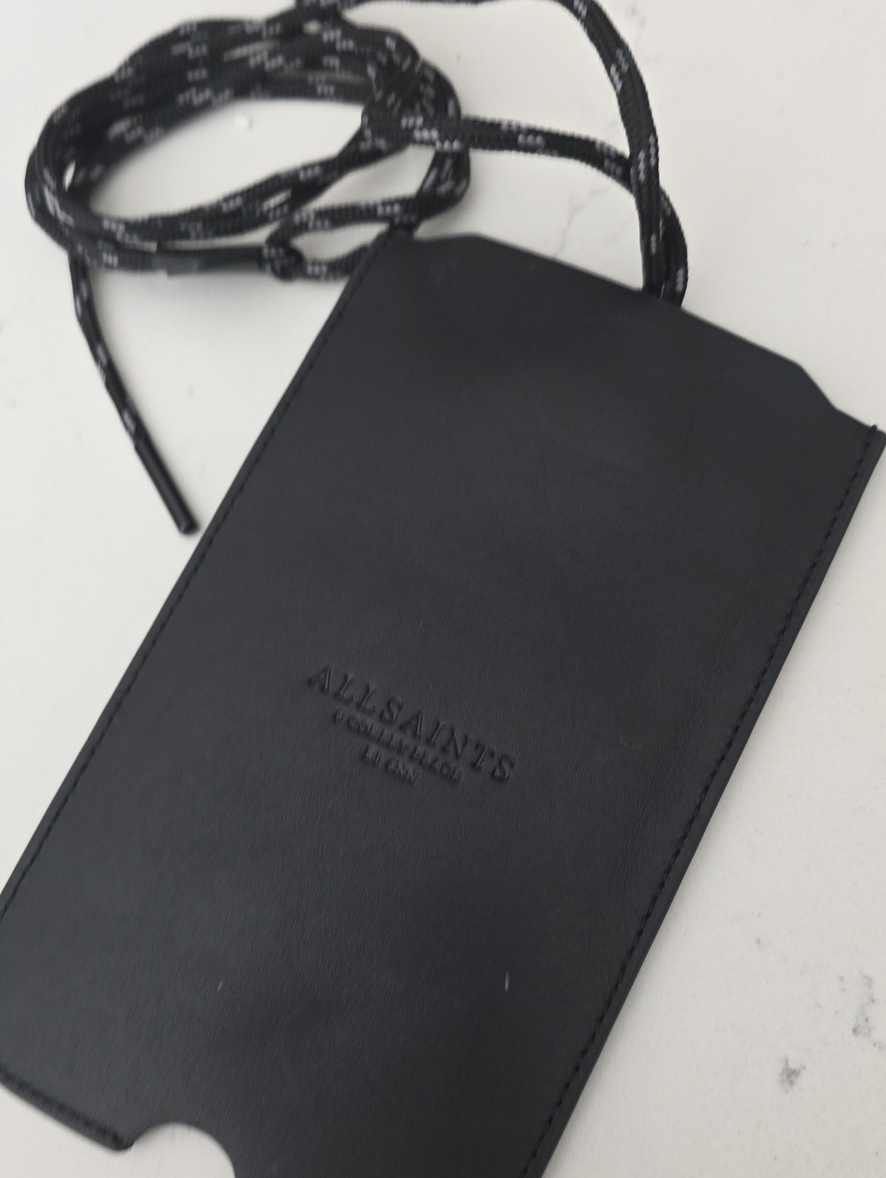 All Saints Black Leather Phone/Card Pouch with Cord Crossbody